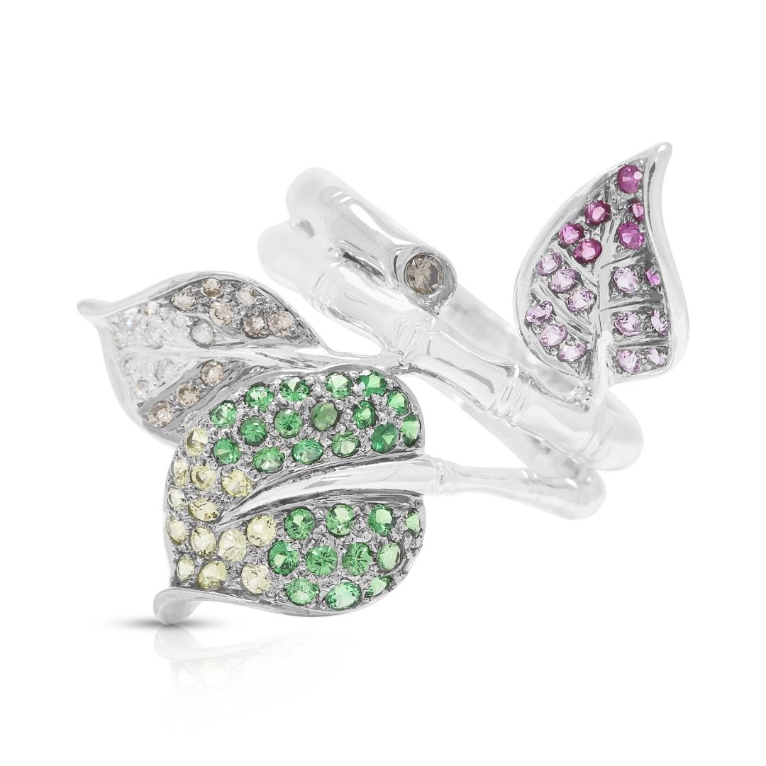 Artful 1.22ct Sapphire, Tsavorite & Diamond Designer Ring in 18K White Gold