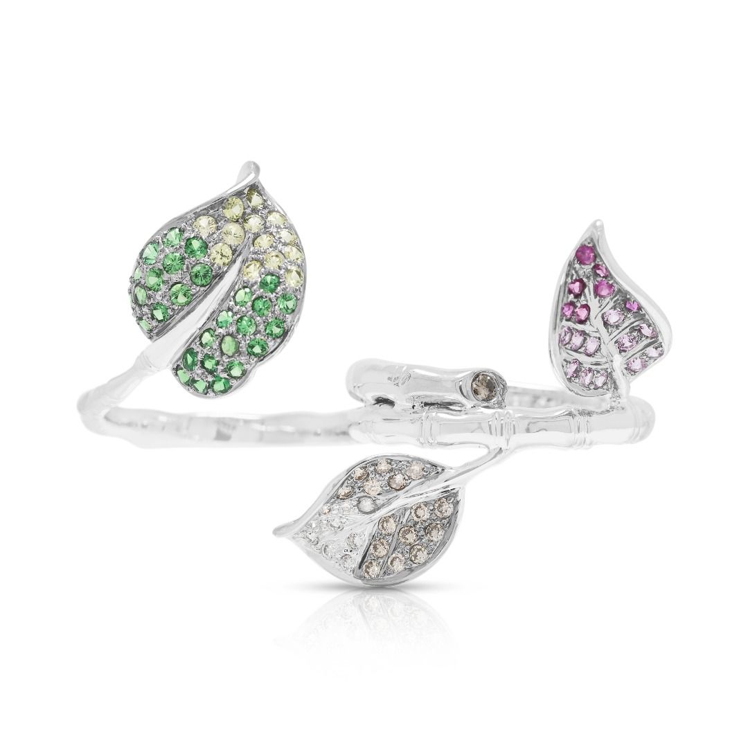 Artful 1.22ct Sapphire, Tsavorite & Diamond Designer Ring in 18K White Gold