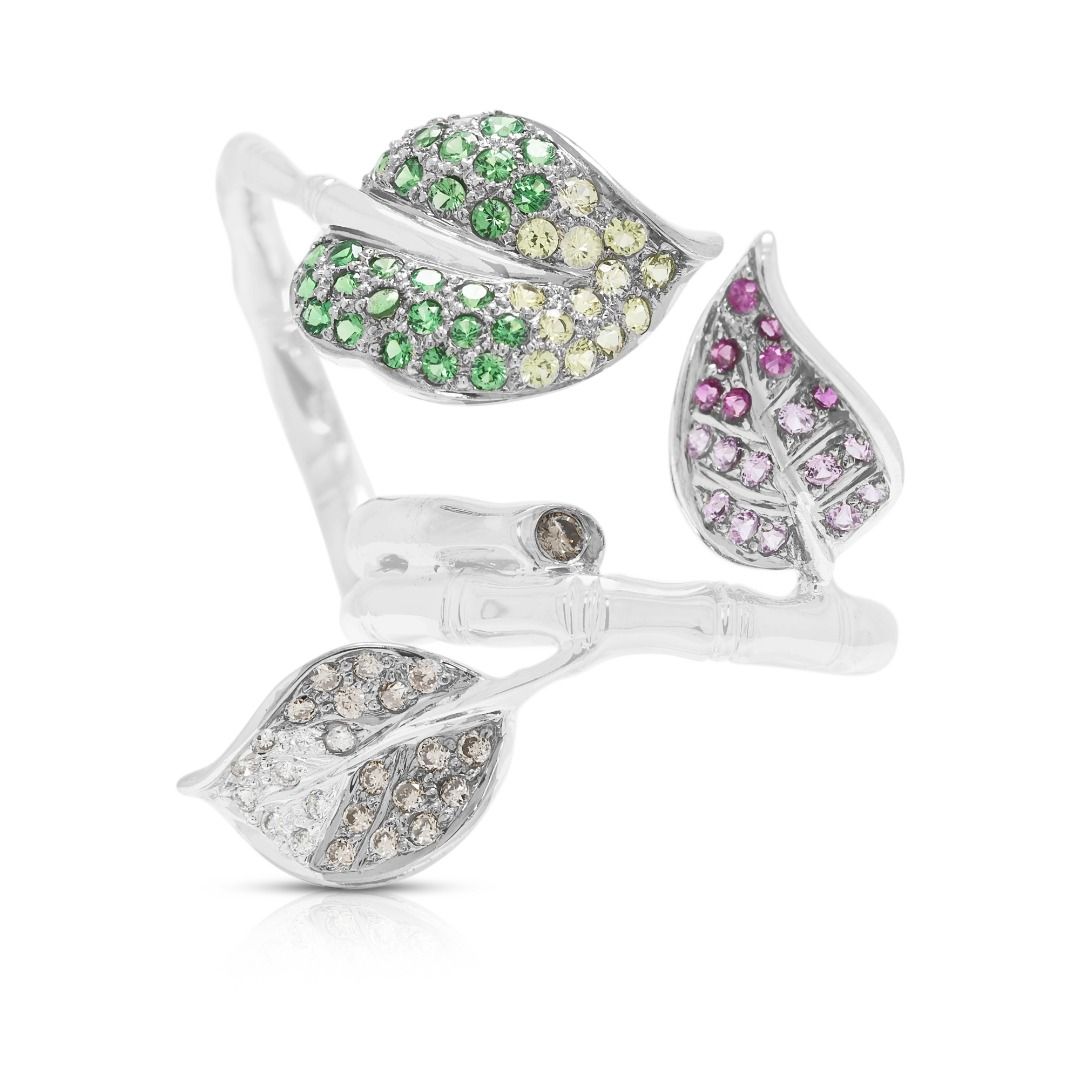 Artful 1.22ct Sapphire, Tsavorite & Diamond Designer Ring in 18K White Gold