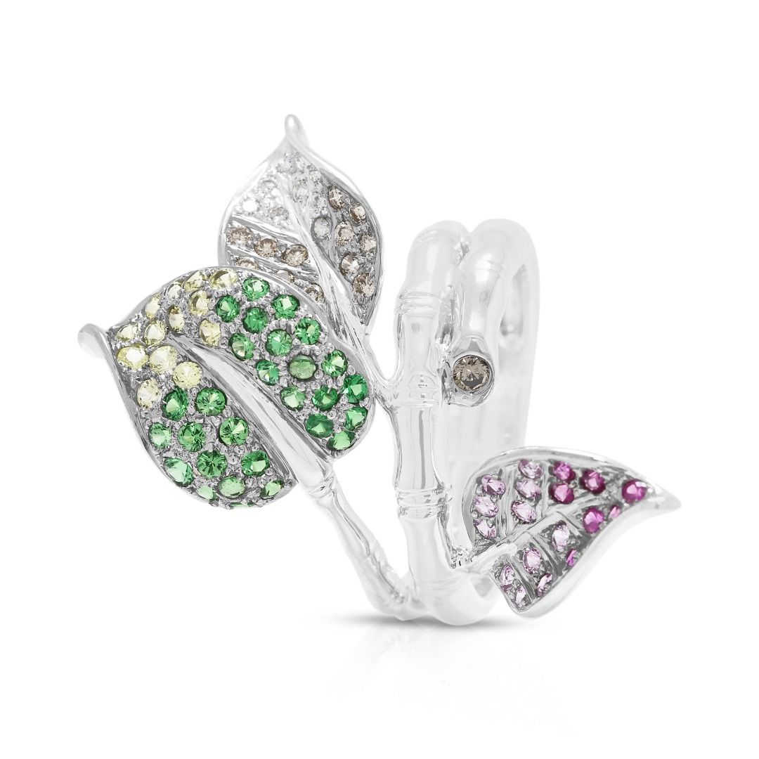 Artful 1.22ct Sapphire, Tsavorite & Diamond Designer Ring in 18K White Gold