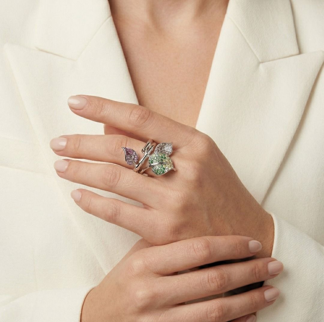 Artful 1.22ct Sapphire, Tsavorite & Diamond Designer Ring in 18K White Gold