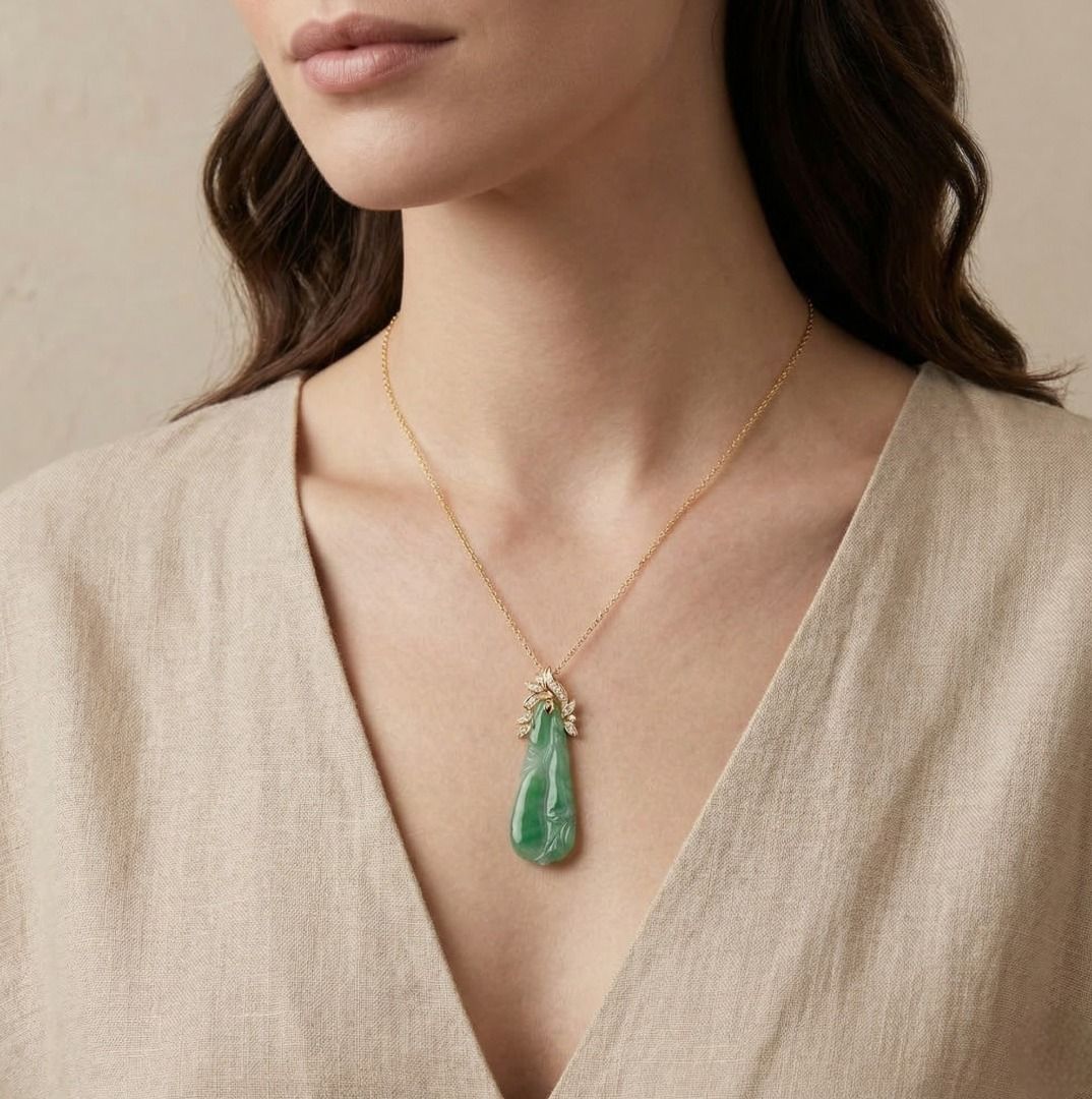 Artisan 0.16ct Diamond & Jade Pendant in 18K Yellow Gold