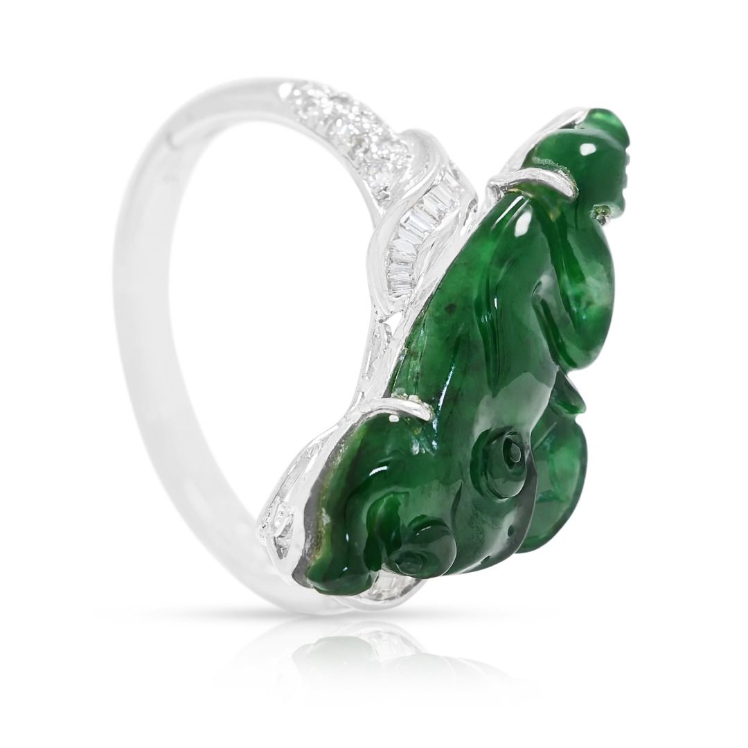 Artistic 0.18ct Natural Diamond and Carved Imperial Jade Ring in 18K White Gold