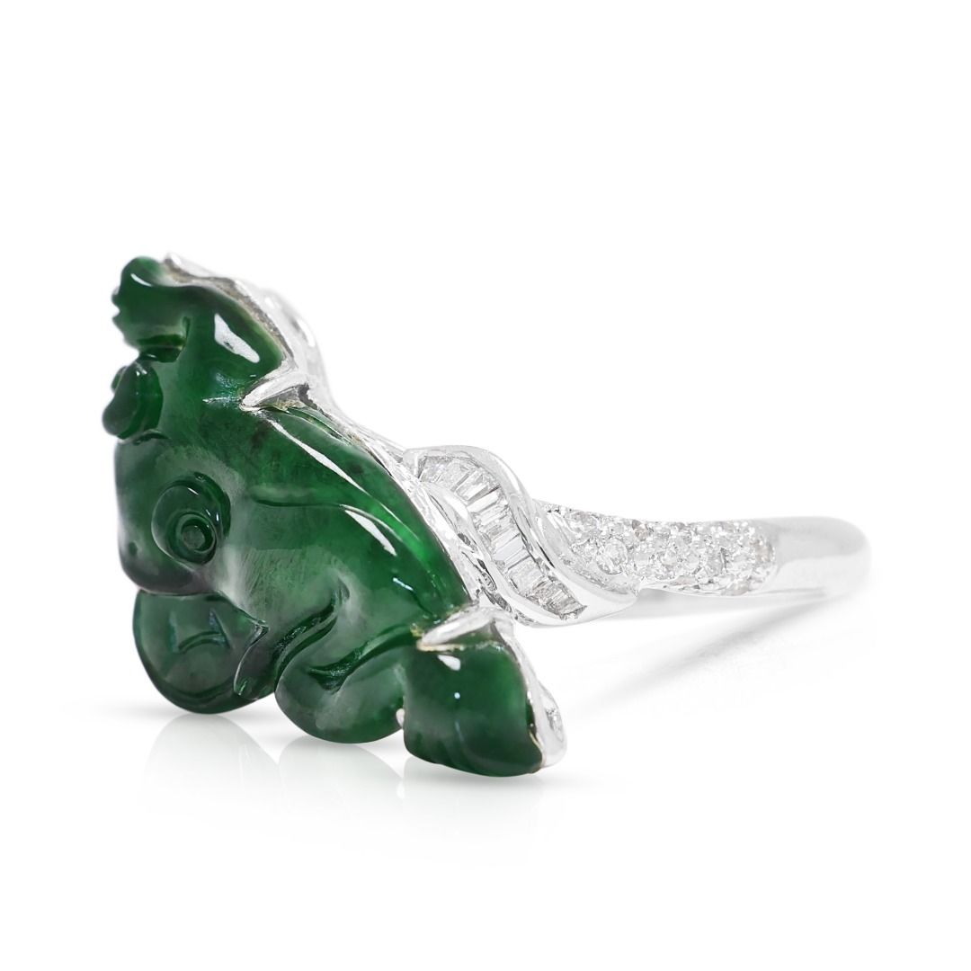 Artistic 0.18ct Natural Diamond and Carved Imperial Jade Ring in 18K White Gold