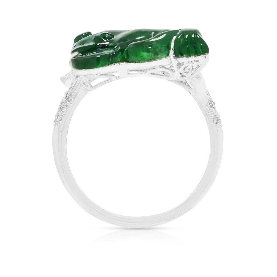 Artistic 0.18ct Natural Diamond and Carved Imperial Jade Ring in 18K White Gold