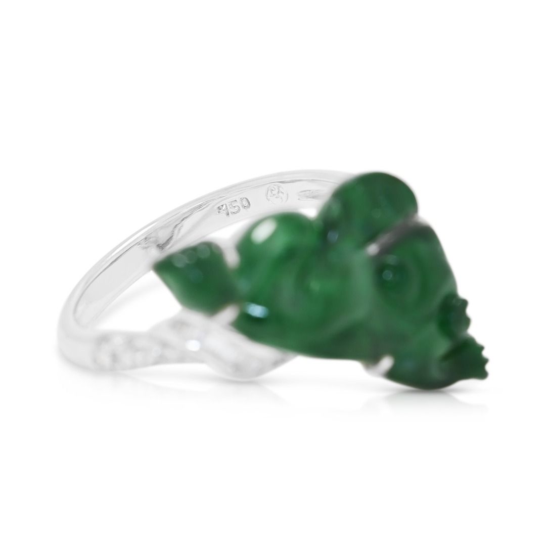 Artistic 0.18ct Natural Diamond and Carved Imperial Jade Ring in 18K White Gold