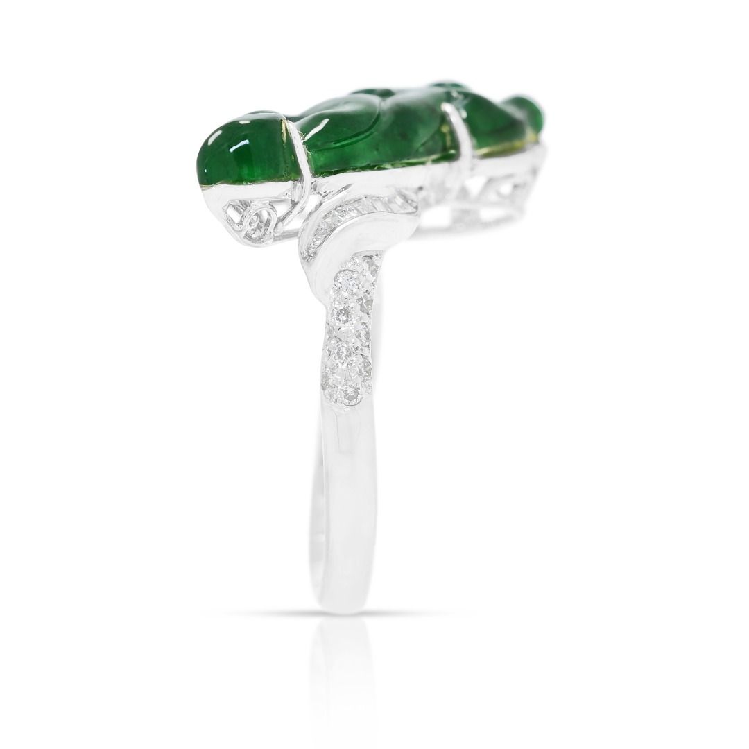 Artistic 0.18ct Natural Diamond and Carved Imperial Jade Ring in 18K White Gold