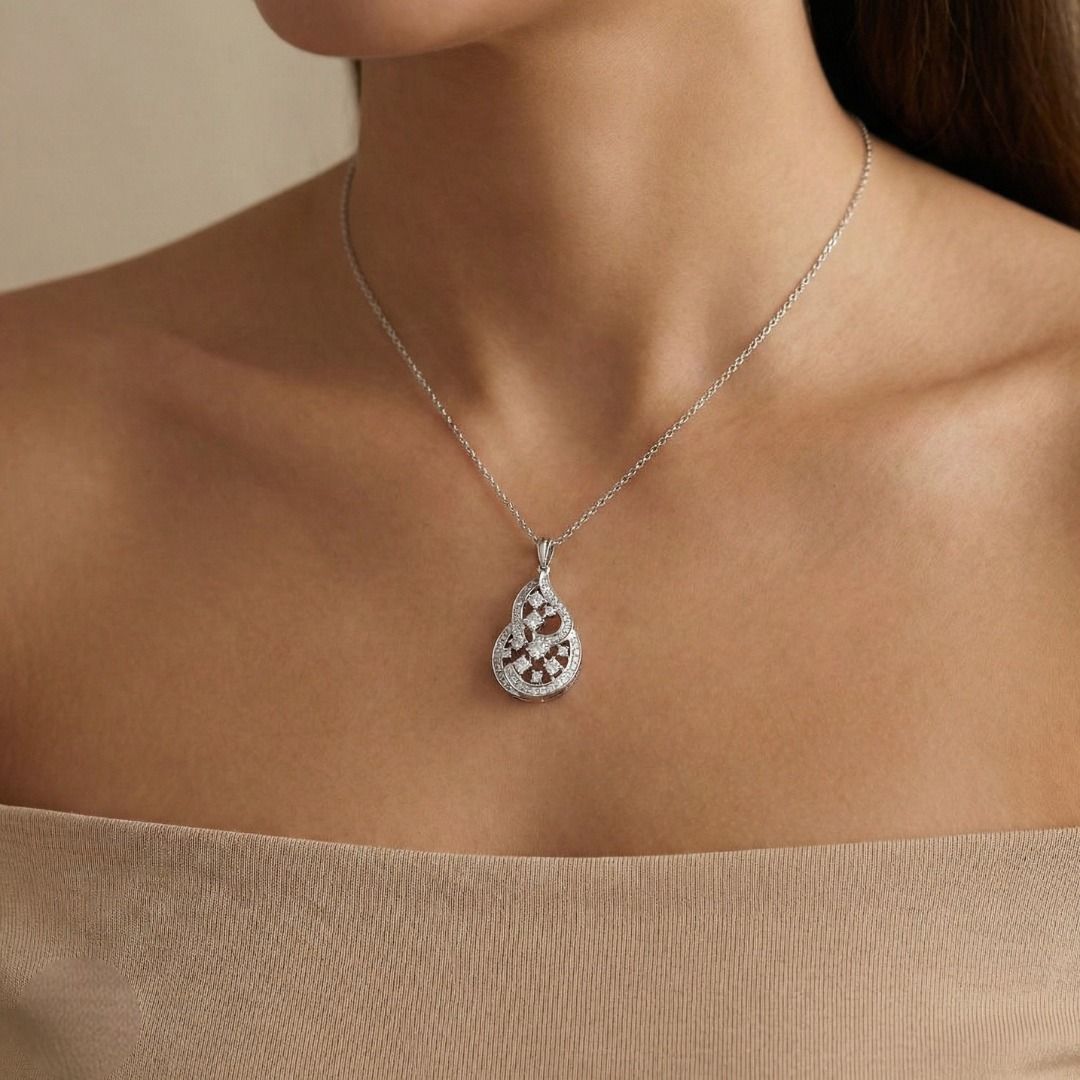 Artistic 0.54ct Natural Diamond Openwork Teardrop Pendant in 18K White Gold (New and Unworn)