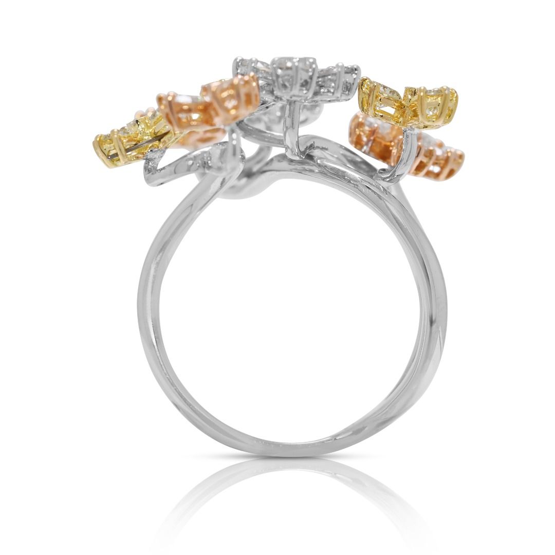 Artistic 1.08ct Natural Diamond Floral Branch Ring in 18K Tri-Color Gold