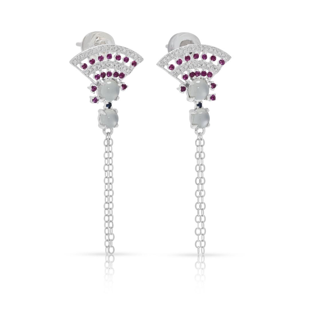 Artistic Multi-Stone Jade, Sapphire and Diamond Drop Earrings in 18K White Gold