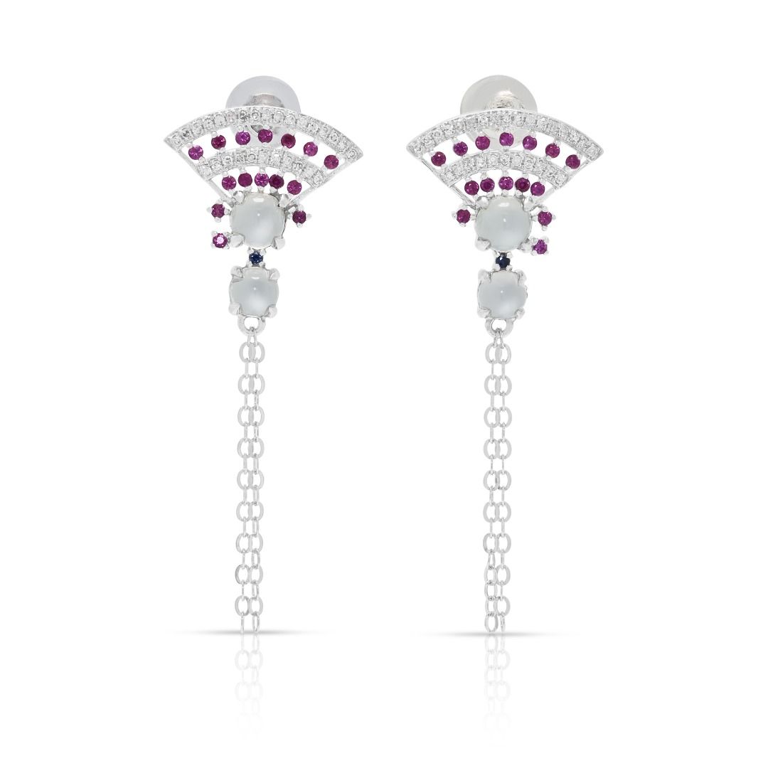 Artistic Multi-Stone Jade, Sapphire and Diamond Drop Earrings in 18K White Gold