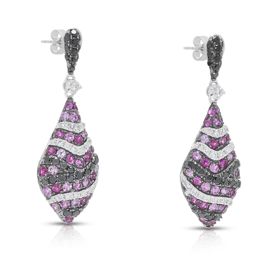Avant-Garde 1.48ct Pink Ruby and Black Diamond Drop Earrings in 18K White Gold