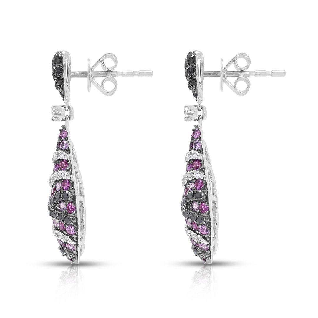 Avant-Garde 1.48ct Pink Ruby and Black Diamond Drop Earrings in 18K White Gold