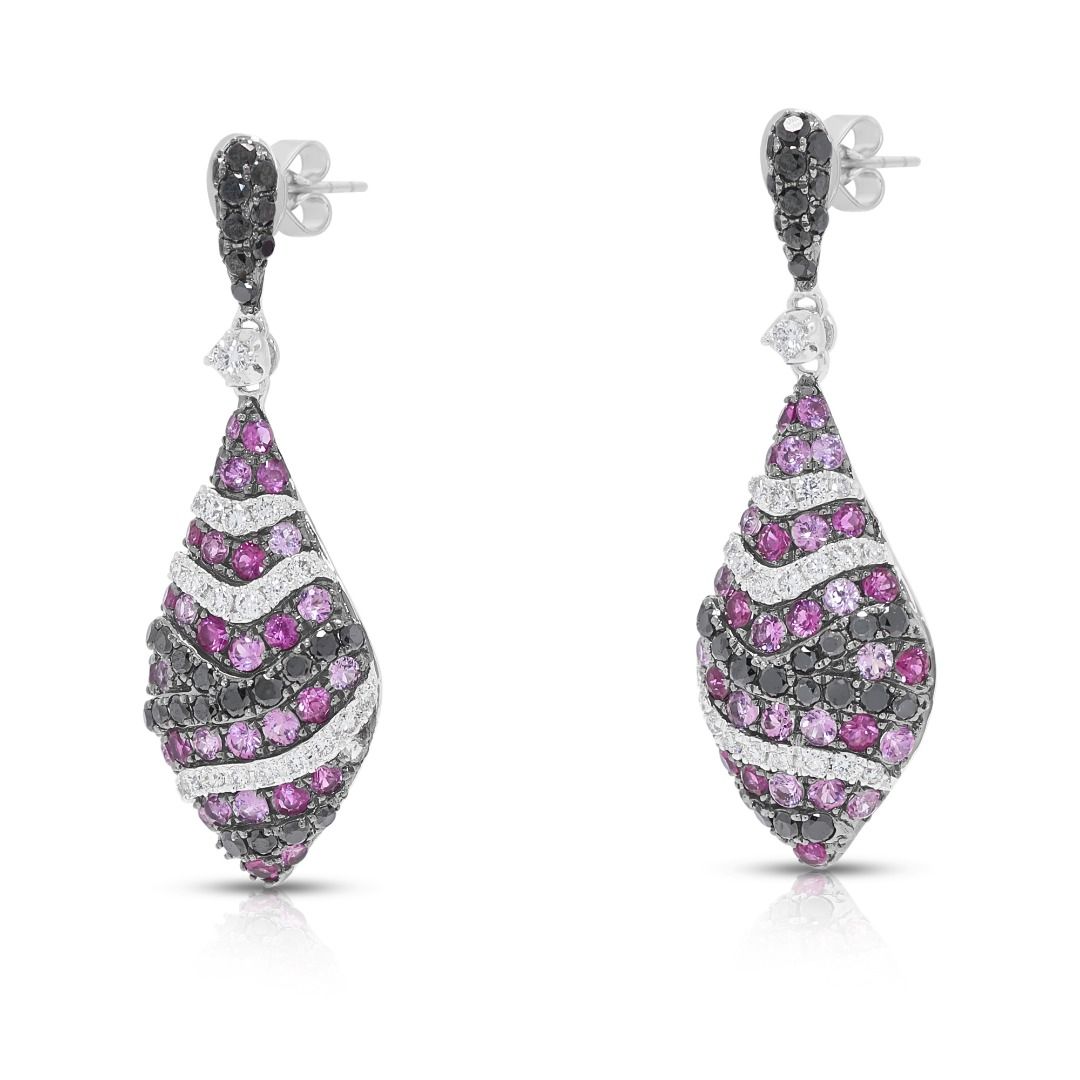 Avant-Garde 1.48ct Pink Ruby and Black Diamond Drop Earrings in 18K White Gold