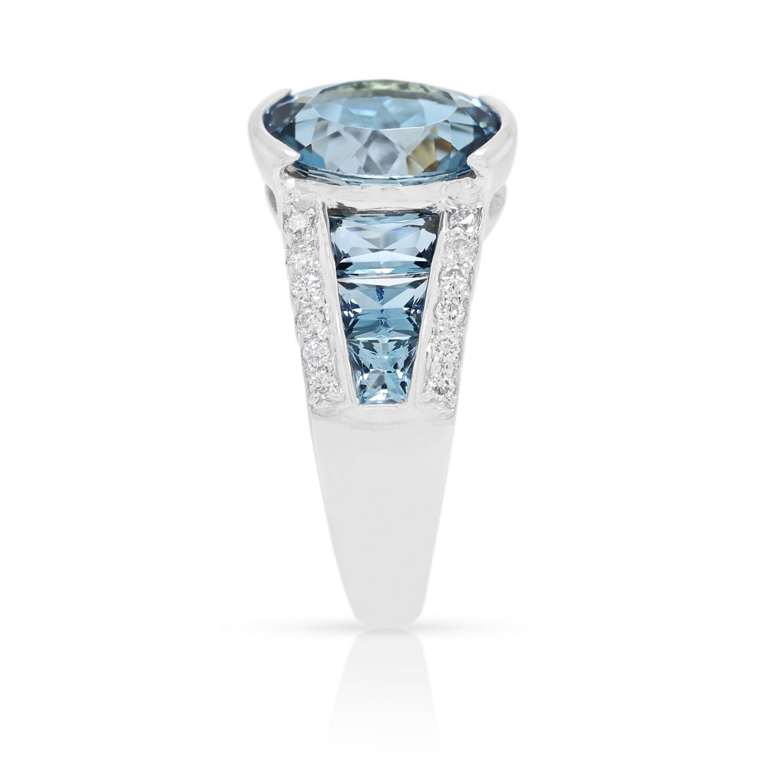 Azure 2.88ct Oval and Tapered Blue Topaz with Natural Diamonds Statement Ring in 18K White Gold
