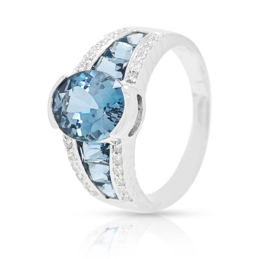 Azure 2.88ct Oval and Tapered Blue Topaz with Natural Diamonds Statement Ring in 18K White Gold