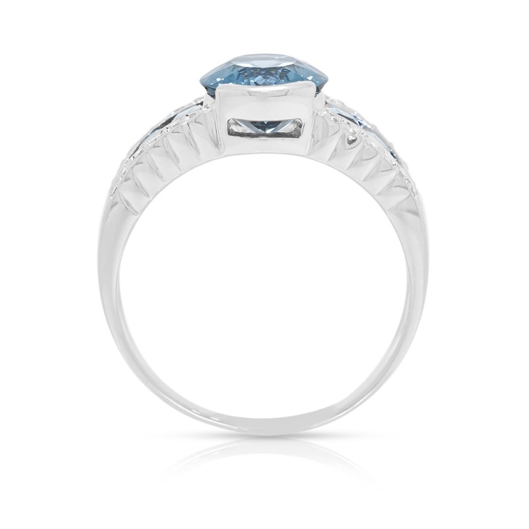 Azure 2.88ct Oval and Tapered Blue Topaz with Natural Diamonds Statement Ring in 18K White Gold