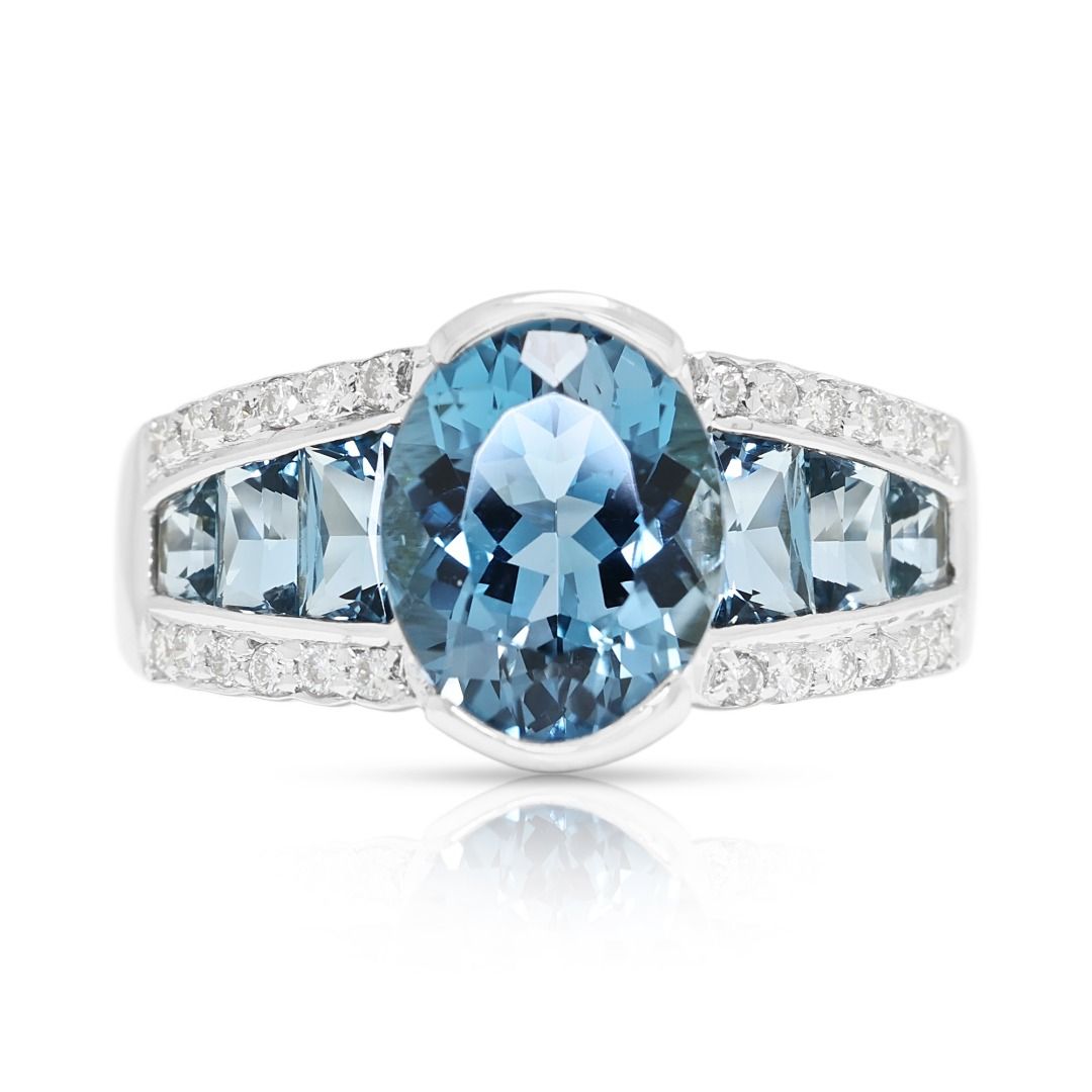 Azure 2.88ct Oval and Tapered Blue Topaz with Natural Diamonds Statement Ring in 18K White Gold