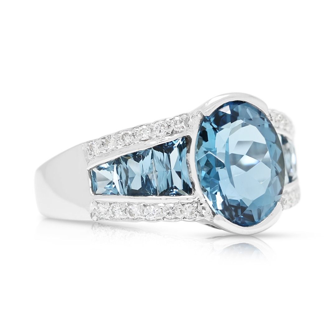 Azure 2.88ct Oval and Tapered Blue Topaz with Natural Diamonds Statement Ring in 18K White Gold