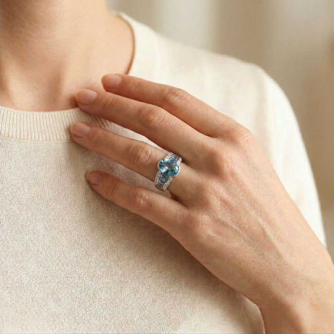 Azure 2.88ct Oval and Tapered Blue Topaz with Natural Diamonds Statement Ring in 18K White Gold