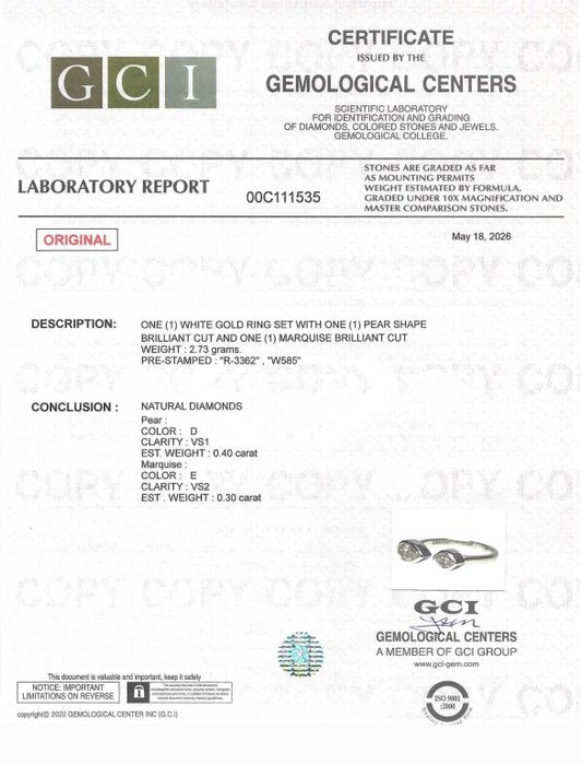 0.70 Carats GCI Certified Natural Diamond 14K White Gold 2-Stone Ring
