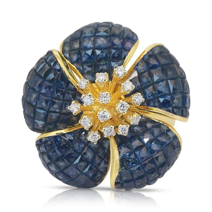Beautiful 4.20ct Sapphires and Diamonds Cocktail Ring in 14k Yellow Gold - IGI Certified