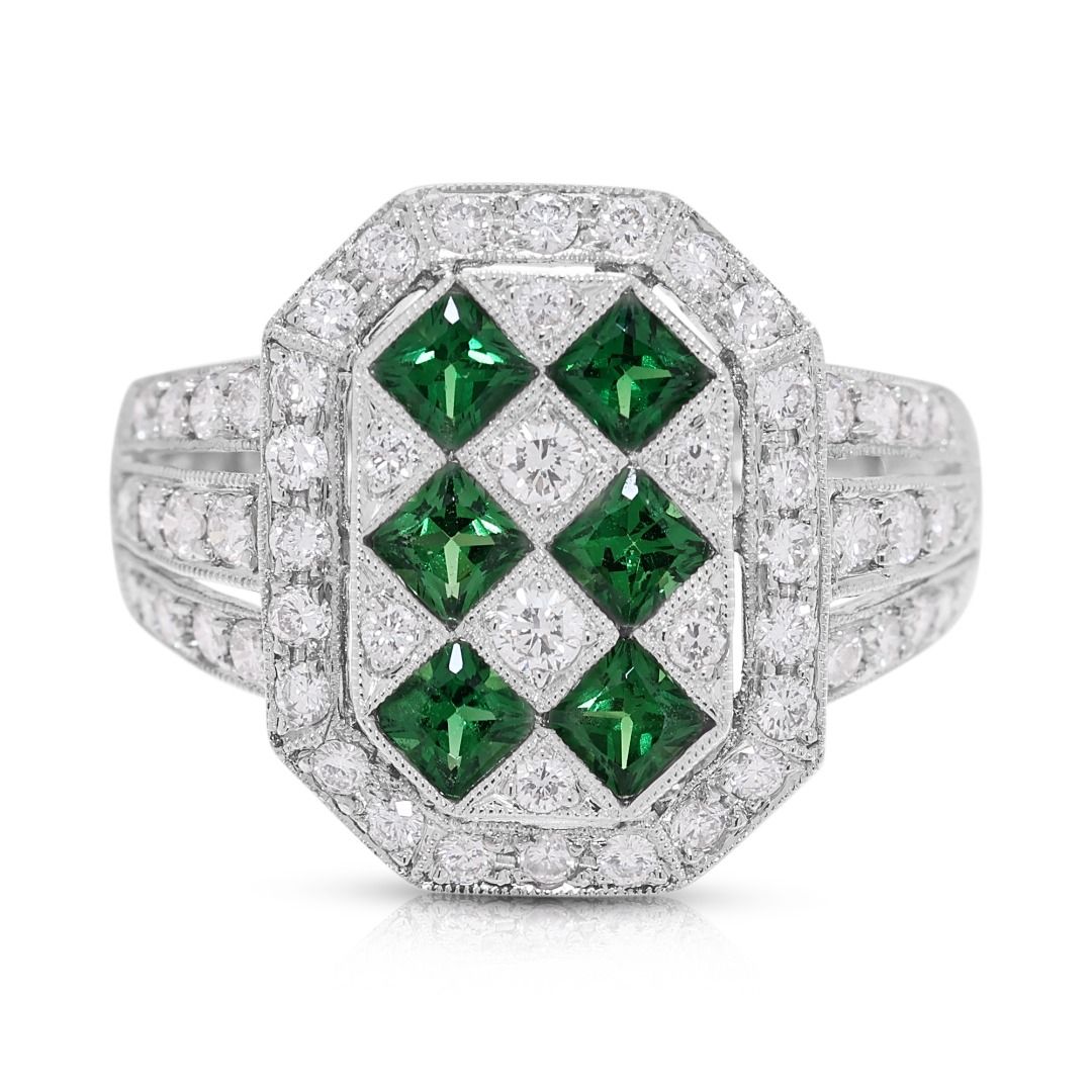 Bold 0.88ct Tsavorite & Diamond Ring in 18K White Gold