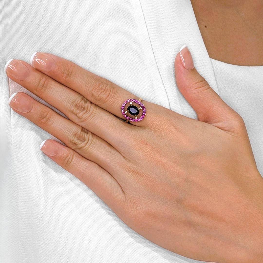 Bold 1.61ct Sapphire & Ruby Halo Ring in 14K Rose Gold