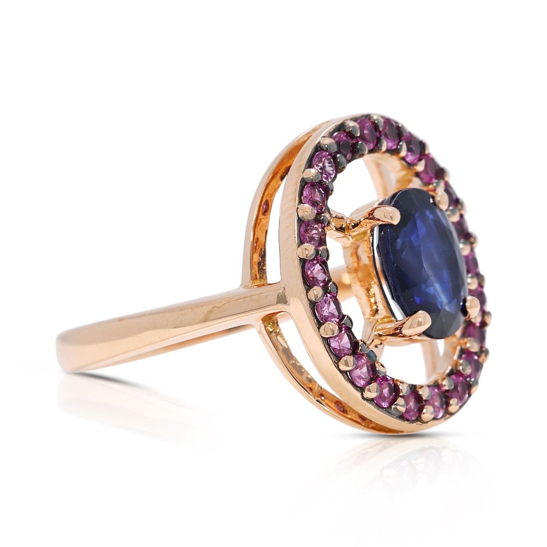 Bold 1.61ct Sapphire & Ruby Halo Ring in 14K Rose Gold