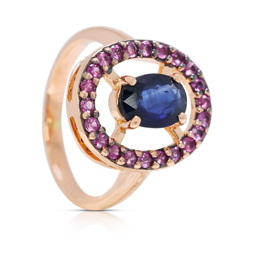 Bold 1.61ct Sapphire & Ruby Halo Ring in 14K Rose Gold