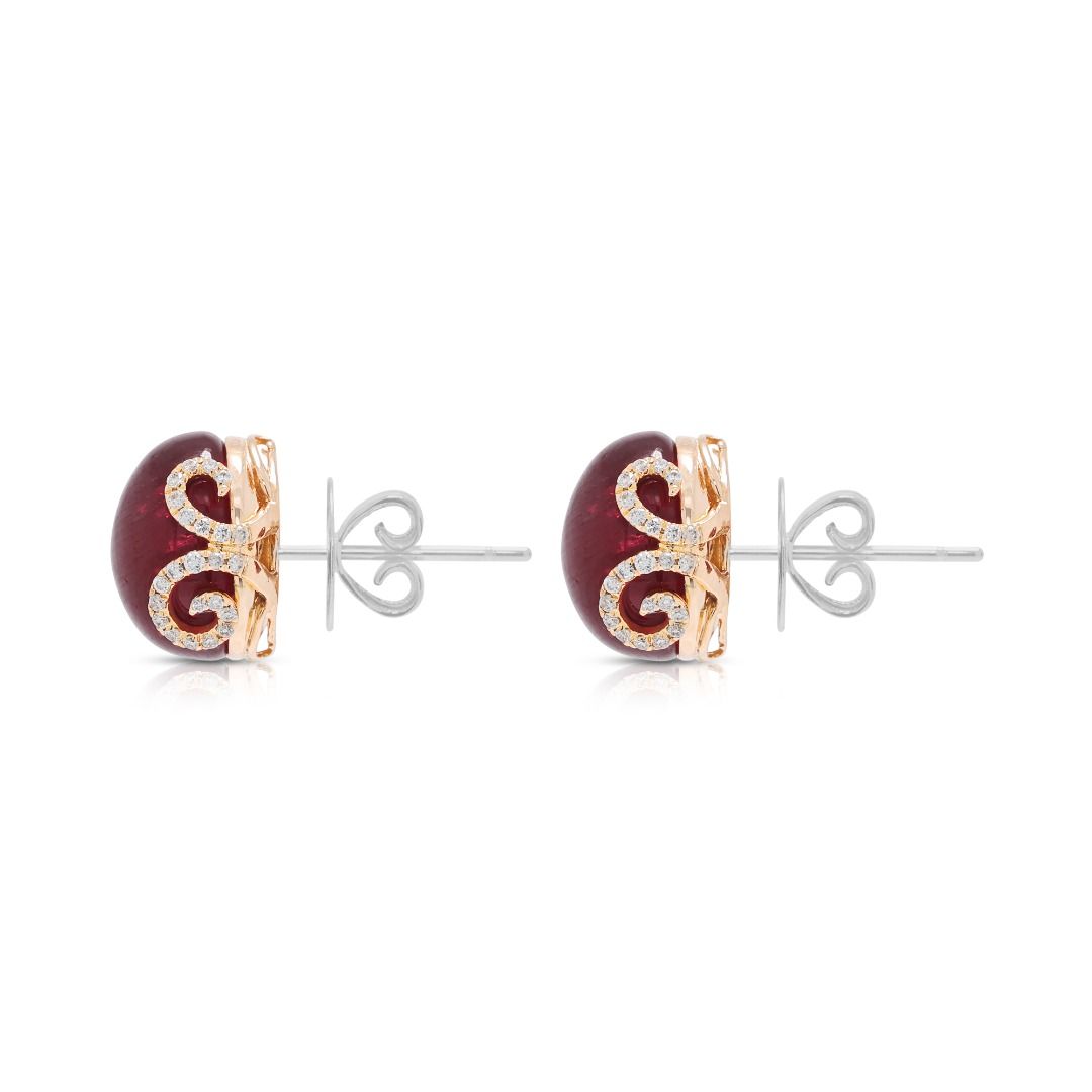 Bold 18.34ct Cabochon Ruby and 0.36ct Natural Diamonds Stud Earrings in 18K Two-Tone Gold (Glass-Filled Ruby)