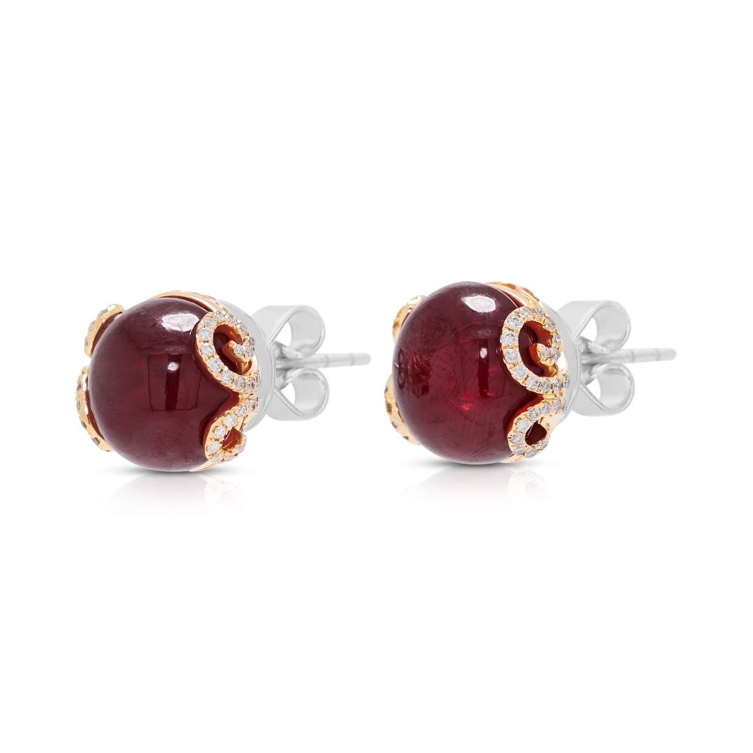 Bold 18.34ct Cabochon Ruby and 0.36ct Natural Diamonds Stud Earrings in 18K Two-Tone Gold (Glass-Filled Ruby)