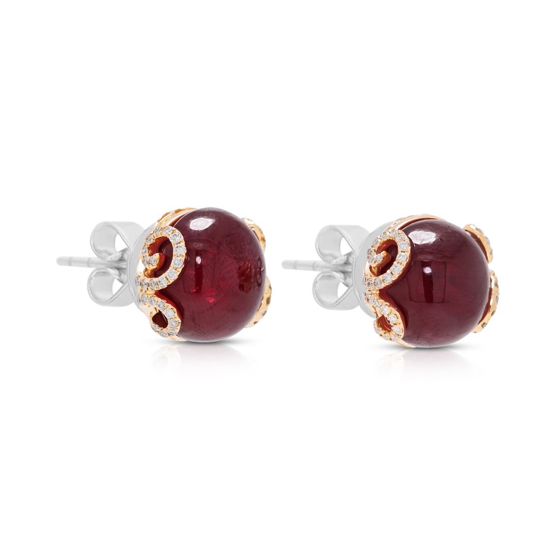 Bold 18.34ct Cabochon Ruby and 0.36ct Natural Diamonds Stud Earrings in 18K Two-Tone Gold (Glass-Filled Ruby)