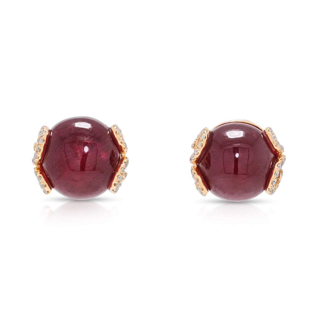 Bold 18.34ct Cabochon Ruby and 0.36ct Natural Diamonds Stud Earrings in 18K Two-Tone Gold (Glass-Filled Ruby)