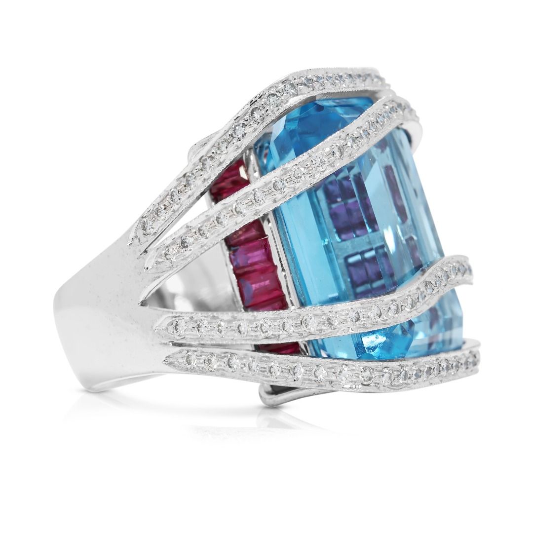 Bold 31.90ct Topaz, Ruby, and Natural Diamonds Ring in 18K White Gold - NGI Certified