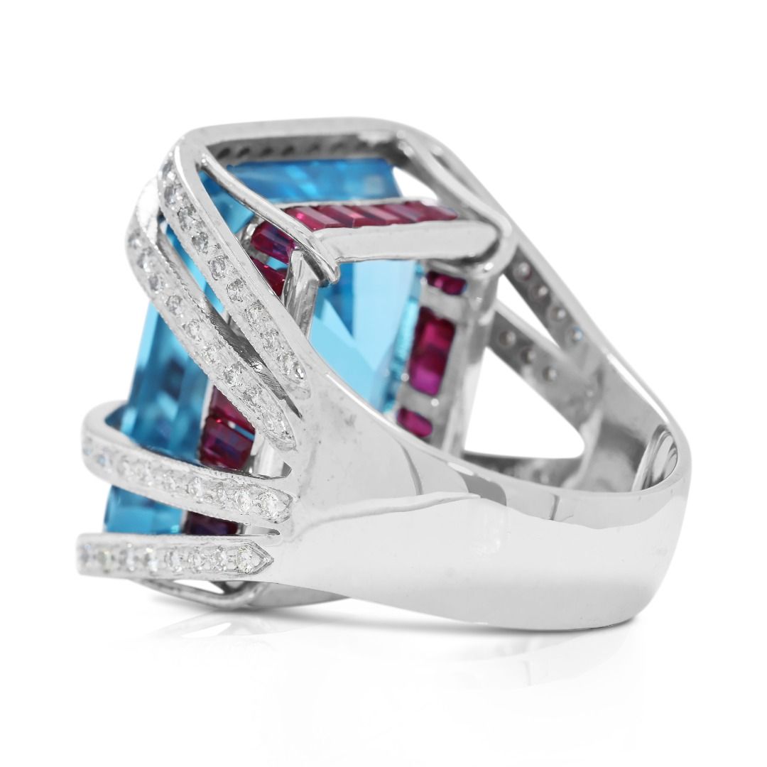 Bold 31.90ct Topaz, Ruby, and Natural Diamonds Ring in 18K White Gold - NGI Certified