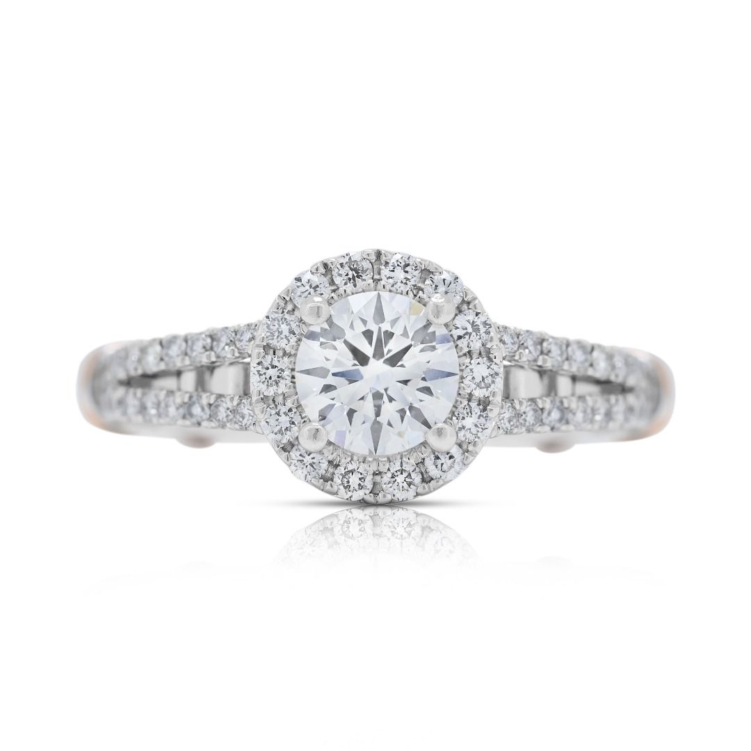 Breathtaking 0.88ct Halo Diamond Ring in 18K Two-Toned Gold - GIA Certified
