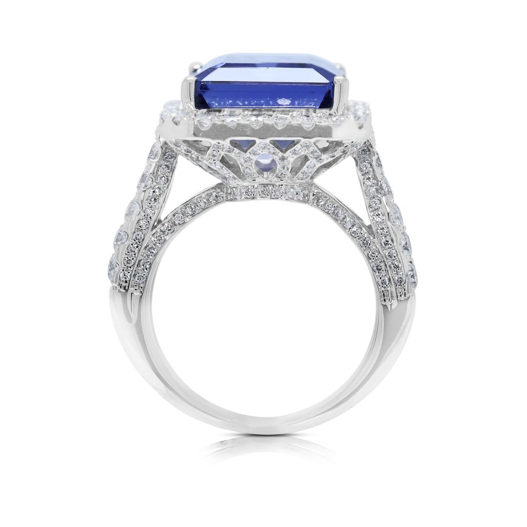 Breathtaking 12.68ct Emerald-Cut Tanzanite and Diamond 18k White Gold Statement Ring