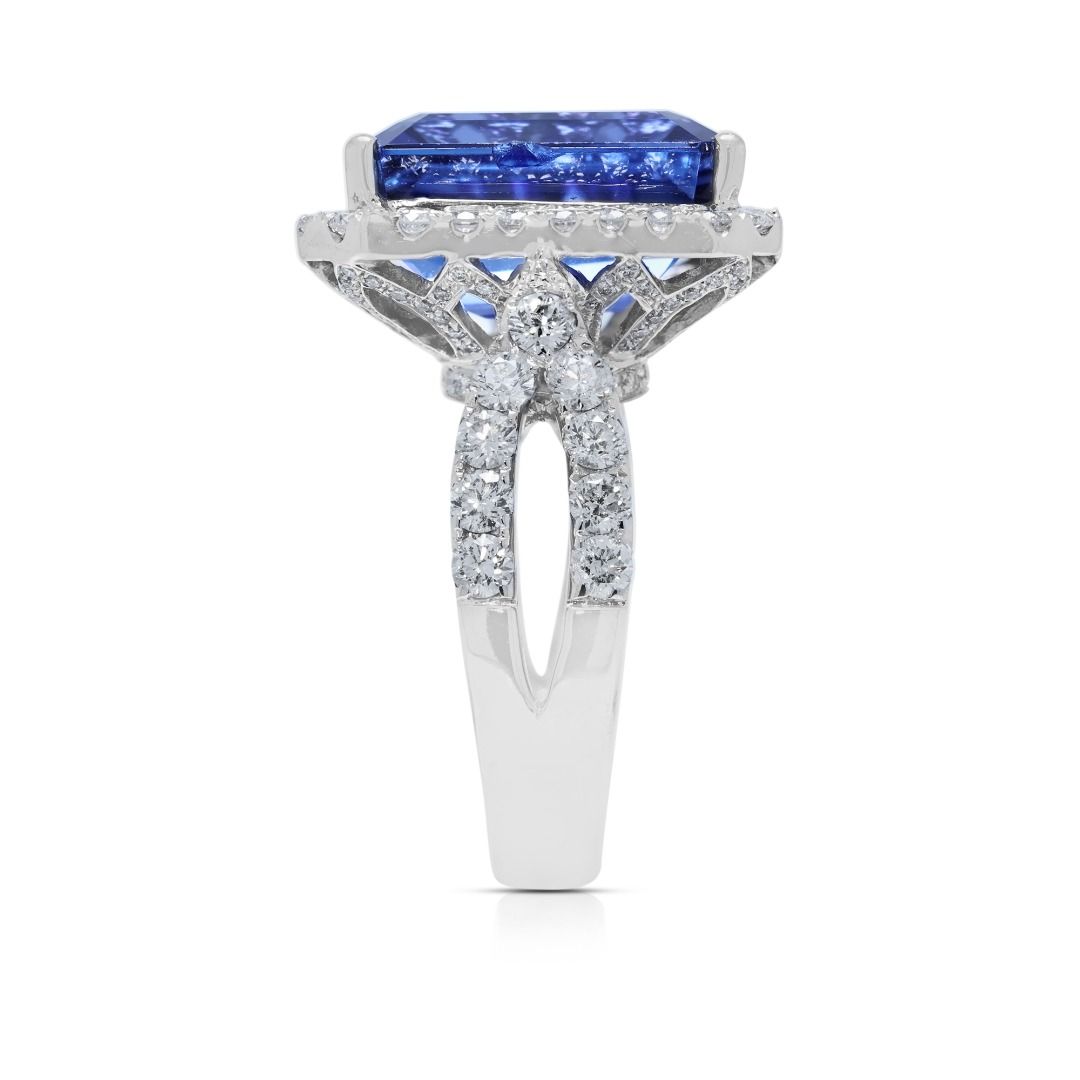 Breathtaking 12.68ct Emerald-Cut Tanzanite and Diamond 18k White Gold Statement Ring