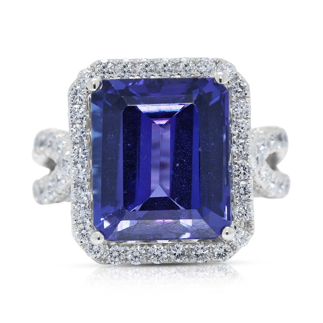 Breathtaking 12.68ct Emerald-Cut Tanzanite and Diamond 18k White Gold Statement Ring
