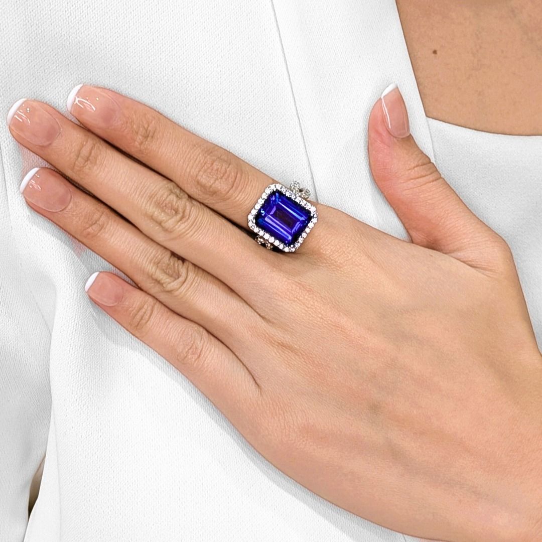 Breathtaking 12.68ct Emerald-Cut Tanzanite and Diamond 18k White Gold Statement Ring