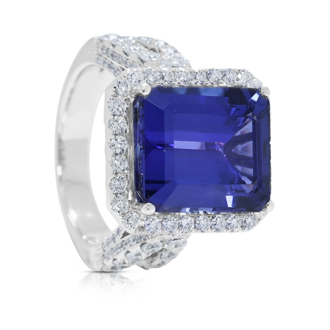 Breathtaking 12.68ct Emerald-Cut Tanzanite and Diamond 18k White Gold Statement Ring