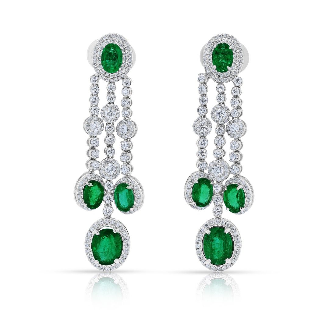 Breathtaking 9.88ct Emerald and Diamond Halo Drop 18k White Gold Earrings (New) - NGI Certified