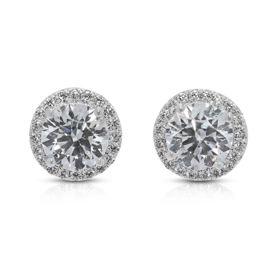 Brilliant 1.02ct Halo Natural Diamond Stud Earrings in 18K White Gold
