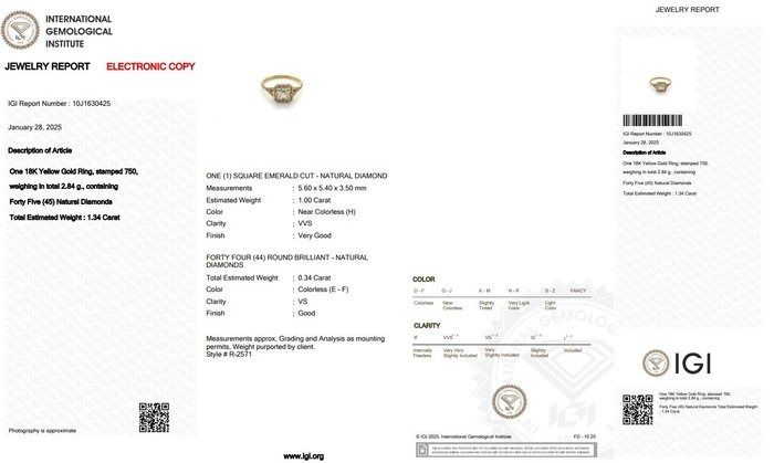 Brilliant 1.34ct Diamonds Halo Ring in 18k Yellow Gold - IGI Certified