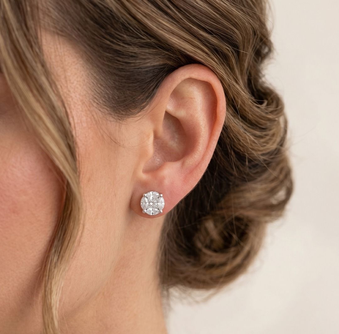 Brilliant 2.10ct Natural Diamond Cluster Stud Earrings in 18K White Gold