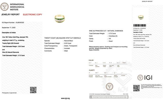 Captivating 1.35ct Emeralds and Diamonds Ring in 18k Yellow Gold - IGI Certified