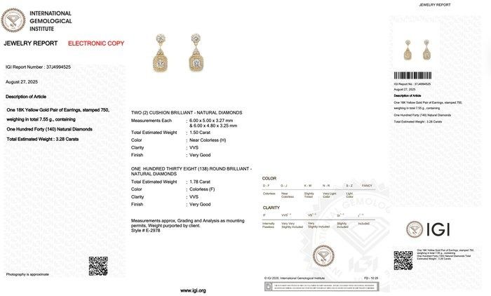 Captivating 3.28ct Diamonds Drop Earrings in 18k Yellow Gold - IGI Certified