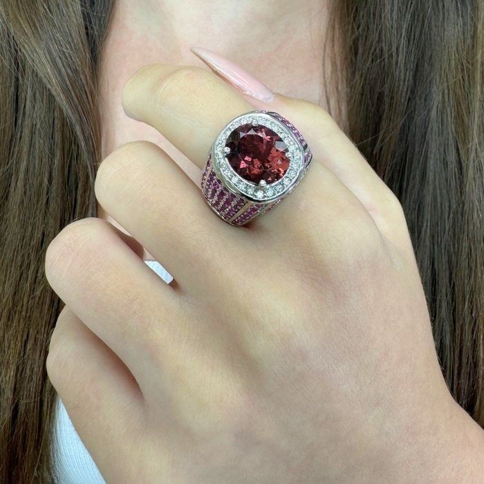 Captivating 7.40ct Rubellite, Sapphires and Diamonds Cocktail Ring in 14k White Gold - IGI Certified