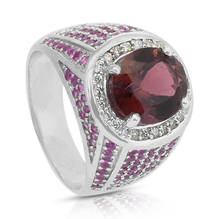 Captivating 7.40ct Rubellite, Sapphires and Diamonds Cocktail Ring in 14k White Gold - IGI Certified
